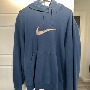 Y2K Nike Men's Hoodie in Deep Blue with Silver Swoosh